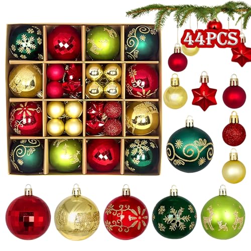 44 pcs Christmas Baubles Red Green Gold Set,Ø6/4.3/3cm Christmas Decoration Baubles with Hook,Christmas Tree Baubles Plastic Christmas Baubles Christmas Tree for Christmas Party Christmas Gifts