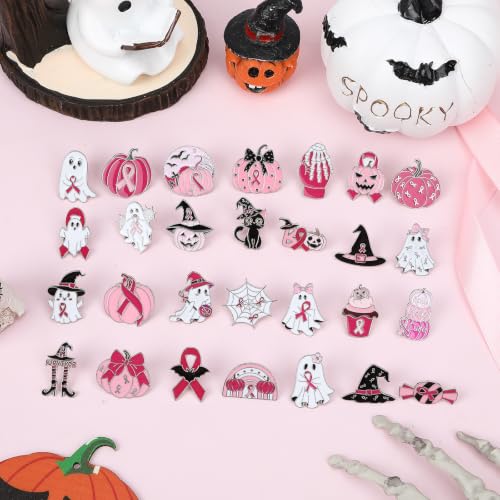 Image of SANNIX 60Pcs Halloween Breast Cancer Pin Pink Ribbon Bulk Accessories | Pink Ribbon Halloween Pins Bulk, Creative Spooky Pink Design, Meaningful Charity Gift for October Breast Cancer Walks