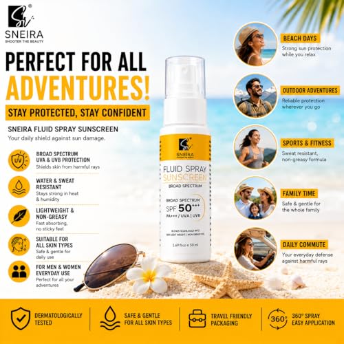Image of Fluid Spray Sunscreen SPF 50+ PA+++ 50ml | Broad Spectrum UVA UVB Sun Protection for Face & Body | Lightweight No White Cast Water Resistant Sunscreen | Free Daily Use for Men & Women