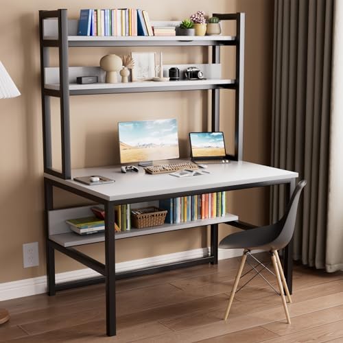 Aquzee-Computer-Desk-Easy-Assembly-Gaming-Table-with-Hutch-and-Shelves-4-Tiers-Desk-with-Large-Wood-Desktop-Metal-Legs-Ideal-for-Storage-Study-Work-Writing-Homework-White-55Wx65Hx236D-Inches 51AT4hBPX1L