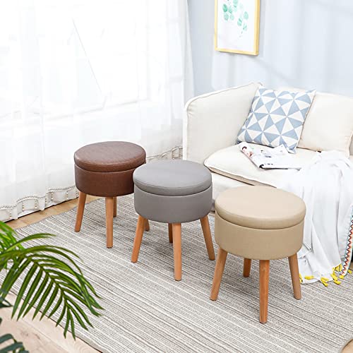 Ottoman de rangement rond en velours gris et plateau en bois noble - 7
