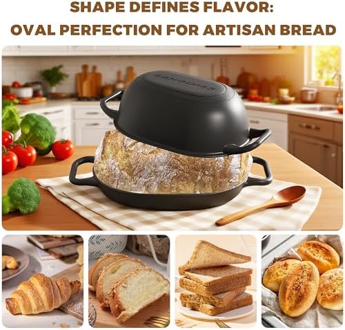 Oval Dutch Oven for Bread Baking 12 x 8 Inch, Pre-Seasoned Cast Iron Bread Oven for Sourdough, Dutch Oven Bread Loaf Pan for a Crispy Crust, 5QT - Thumbnail 3