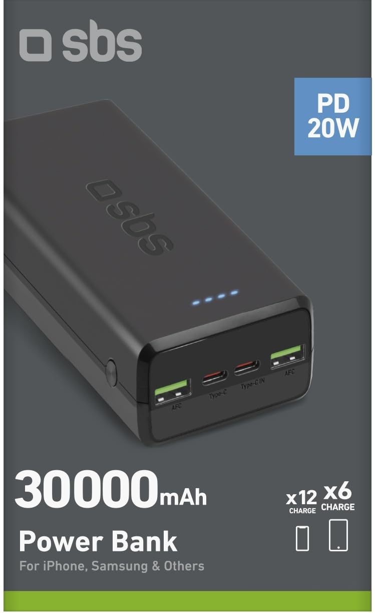 SBS PowerBank 30K Fast, 30.000 mAh Power Delivery, Schnellladung 20 W, Adaptive Fast Charge (AFC), Status-LED, USB-C, USB-A, Ladegerät für iPhone, iPad, AirPods, Samsung, Tablet, Smartphone