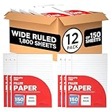 Wide Ruled Loose Leaf Paper Wide Ruled Notebook Paper Lined Writing Filler Paper 10.5” x 8” 56 gsm 1800 Sheets 150 Sheet Per Pack (12 Pack)
