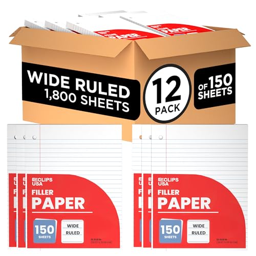 Wide Ruled Loose Leaf Paper Wide Ruled Notebook Paper Lined Writing Filler Paper 10.5” x 8” 56 gsm 1800 Sheets 150 Sheet Per Pack (12 Pack)