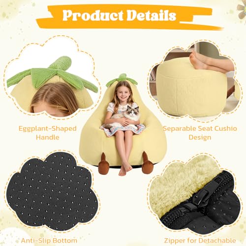 Image of 31 Inches Memory Foam Bean Bag Chair - Ultra Soft Faux Rabbit Fur Sofa with Handle & Machine Washable Cover, Comfy Lazy Chair for Kids Teens, Perfect for Reading Gaming in Living Room Bedroom,Yellow