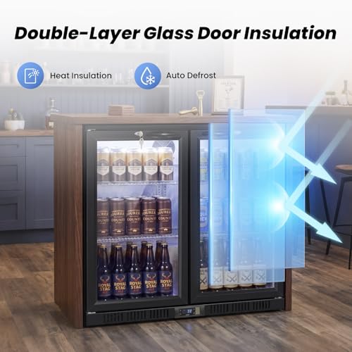 Image of 35.42 inch W Commercial Under Counter Beverage Refrigerator, 2 Glass Door Back Bar Cooler, Built-in /Freestanding 7.4Cuft Drink Fridge with LED Light, Auto Defrost, Low-E Glass & Safety Lock, Rebound door