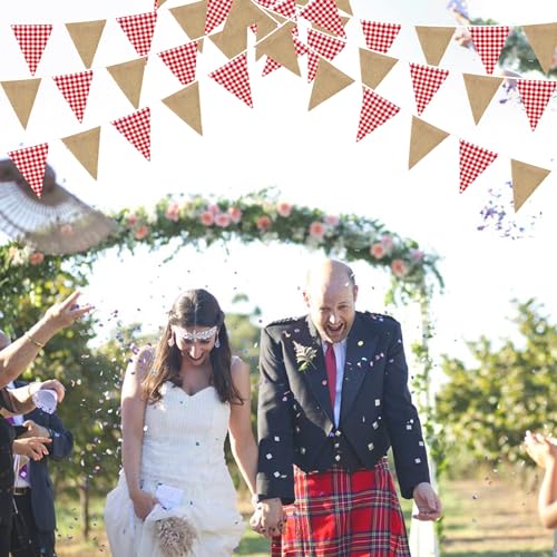 Image of 26Ft Red Plaid Burlap Banner Red Checkered Burlap Pennant Triangle Flag Garland Streamers Vintage Fireplace Wall Hanging for Rustic Birthday Wedding Baby Shower Engagement Boho Picnic Camping Decor