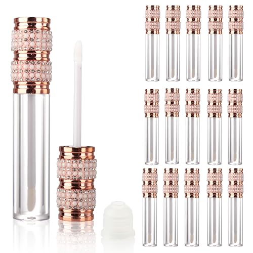 COSIDEA 15pcs Round Empty 5ml 0.17oz Rose Gold lip gloss tubes with wand pearl Ring Lipgloss tube containers for lip oil packing