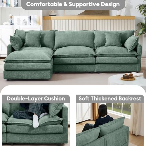Image of 102 inch L Shaped Modular Sectional Sofa, Comfy Upholstery Chenille Cloud Couch with Ottoman, Modern 4-Seat Deep Seat Sofa with Pillow for Living Room, Bedroom, Apartment, Sage Green