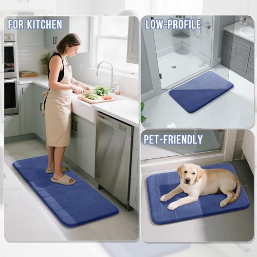 Image of Yimobra Memory Foam Bath Mat Set, 2 Pieces Soft Bathroom Rugs, 17x24 and 24x20.4 U-Shaped, Non Slip, Thick, Dry Fast, Navy Blue