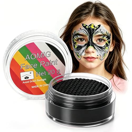 Aomig Pintacaras infantis, 20 g pintura facial e corporal com esponja de maquilhagem, pintura facial para maquilhagem Halloween cosplay festa festival artes, preto