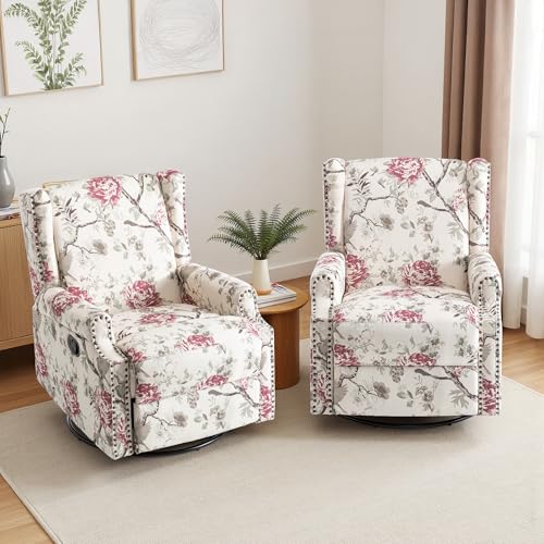 Image of Swivel Rocker Recliner Chair Set of 2, 360 Swivel Wingback Recliner Chairs for Adults, Upholstered Printed Fabric Glider Rocking Chair with High Back, Deep Seat for Living Romm Bedroom, Plants Floral