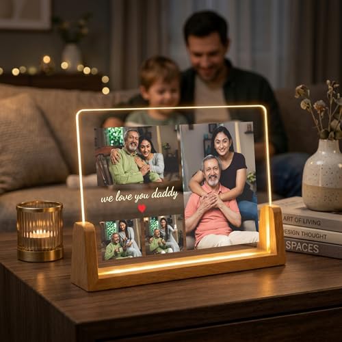 Image of Giftplease Personalized Photo Frame for Dad with Wooden LED Base | Customized Acrylic Photo Frame with Warm Light | Father's Day Gift for Daddy | Custom Photo Night Light for Bedroom & Home Decor