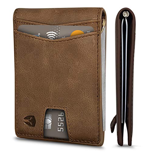 Image of Bryker Hyde RFID Blocking Slim Minimalist ID Inside Front Pocket Wallet, Money Clip, 9 Slots, Leather (Texas Brown w /Pull Out Tab)