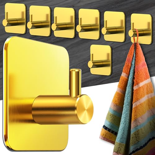 Menz Handtuchhalter ohne Bohren - 8 Stück goldene Badezimmer Handtuchhalter, Edelstahl Klebehaken, funktionale Haken, Haken selbstklebend, Handtuchhaken für Bad, Küche, mit wasserfesten Klebepads