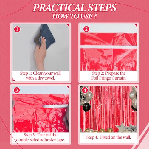 Image of DECOCKRAT 3 Pack Foil Fringe Backdrop - Pastel Red Shiny Tinsel Curtains for Party Decoration /Photo Booth Props - 3.3x8.2 FT Metallic Foil Backdrop for Birthday, Wedding, Graduation, Christmas.