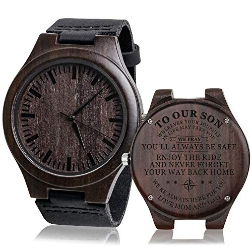 KOSTING Engraved “to Our Son Love Mom and Dad” Wooden Watch with Black Leather Band- Son Birthday Gifts from Mom n Dad Sons Gifts for Christmas, Birthday