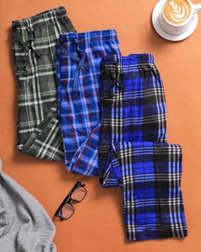 Active Club 3 Pack Mens Fleece Pajama Pants - Plaid Lounge Bottoms with Pockets (S- 3X)2