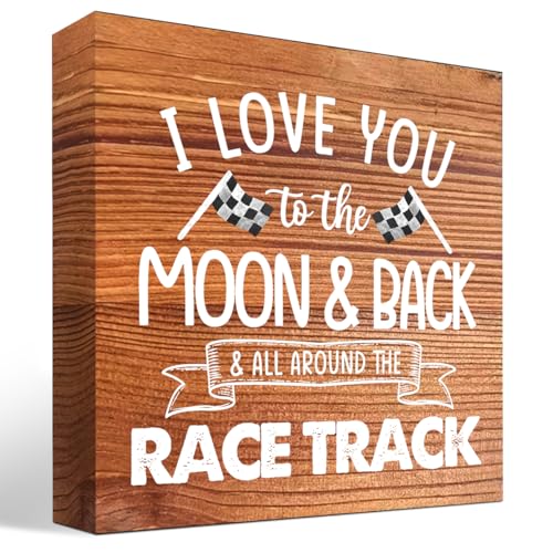 Image of I Love You To The Moon And Back Grain Wood Box Sign Desk Decor,Farmhouse Racing Checkered Flags Box Block Sign for Home Boys Room Shelf Table Decor Decorations
