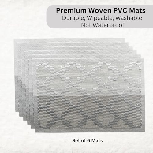 Image of Livmodern Premium PVC Dining Table Mats for 6 Seater| Woven PVC Placemats | Heat Resistant & Anti Skid Table Mats| Wipeable & Washable Set of 6-Silver Clover