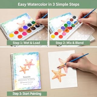 SLWBZ Watercolor Workbooks Coloring Book, Beginner Friendly Painting Kit, Detailed Steps, Creative Exploration Watercolor Book with Paint Set for Adults Teens (Seaside, with Paint)