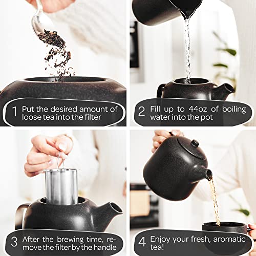 Image of Steinzeit Design Tea Pot (44 oz) - Premium Ceramic Teapot with Infuser for Loose Tea - Black Teapot Ceramic with Removable Strainer