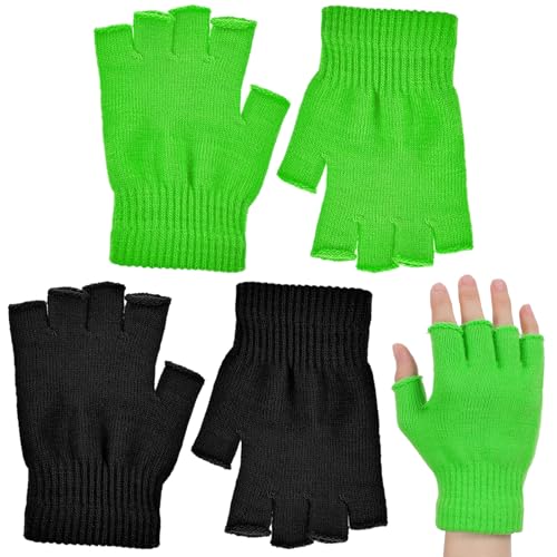 Bremorou Knit Green Fingerless Gloves For Women Men Half Finger Warm Knit Stretchy Touchscreen Mitten Green Fingerless Gloves For Women Men Typing Boys Girls 2 Pairs