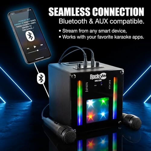 Miniatura 5 de RockJam singcube - Máquina de Karaoke Bluetooth Recargable de 5 vatios con Dos micrófonos, Efectos de Cambio de Voz y Luces LED, Color Negro