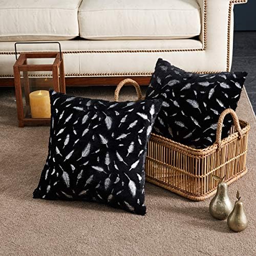 OMMATO Throw Pillows Covers 18 x 18,Set of 2 Black Fur with Silver Leaves Soft Throw Pillows for Couch Bed,Accent Home Decorative Square Cushions Cases Shams Pillowcases Farmhouse,45 x 45 CM