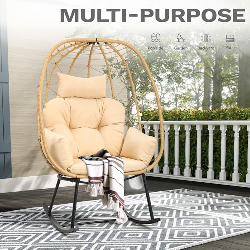 DWVO Wicker Rocking Egg Chair, Oversized Indoor Outdoor Rattan Rocking Chair, Indoor Outdoor Lounger for Patio, Backyard, Living Room, Beige