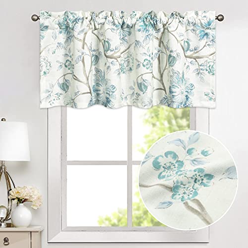 Vogol Floral Kitchen Valance, Botanical Blossom Printed Farmhouse Small Window Curtain Valance, Rod Pocket Short Curtains For Bathroom Living Room, 52 X 14 Inches, Teal #TOP15