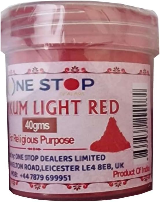 One Stop Dealers Kumkum Light Red Powder Each 40 gram for Rituals, Pujas, Religious Ceremonies, and Decorative Applications - Premium Quality Vermilion with Spiritual Significance (Pack of 1)