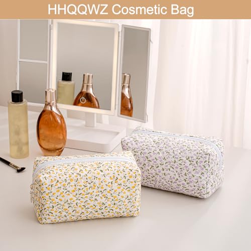 Cute Floral Cotton Makeup Bag for Women, Travel Cosmetic Bag Quilted Zipper Make Up Pouch, Pink Purple Floral Flowers Toiletry Organizer Kawaii Makeup Cosmetic Travel Cloth Bag (Purple)4