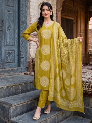 Image of INDO ERA Women's Pure Cotton Printed Thread Work Straight Kurta & Pant with Dupatta Set | Cotton Kurta Set For Women