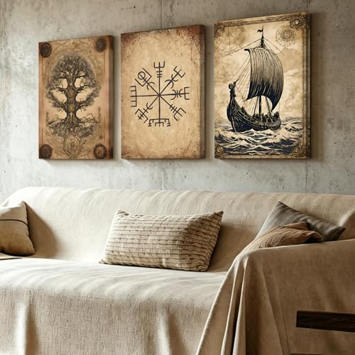 Pennimor Set of 3 Framed Canvas Wall Art For living Room - 12x16in Tree of Life Viking Ship Wall Artwork Printing Vintage Nautical Wall Art For Bedroom Hallway Home Office or Farmhouse Wall Decor