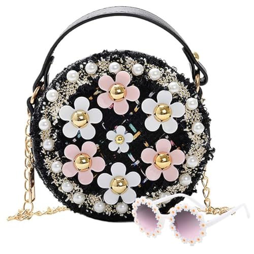 Girls' Floral Handbag with Pearl Trim and Sunglasses Set, Pink and White Daisy Design, Fashion Accessories