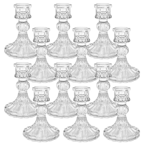 12 Pack Glass Candlestick Holders- Clear Taper Stripe Candle Holders for Candlesticks, 4″ H Taper Candle Holders Small Centerpiece for Wedding, Festival, Party & Windowsill Decor