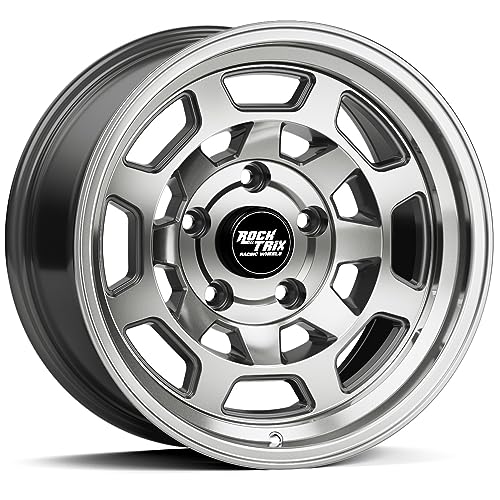 RockTrix RT117 17 inch Wheel Compatible with Jeep Wrangler JK JL 17x9 5x5 Wheels (-12mm Offset, 4.5in Backspace) 5x5 PCD, 71.5mm Bore, Machined Gunmetal Wheels, Also fits Gladiator JT Rims