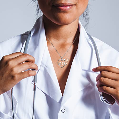 Caring Hands Gifts RN Registered Stethoscope Heart Necklace, Nurse Gift, RN Gift for Women, Shiny Nurse Necklace , Silver , 18" by Caring Hands Gifts - Used condition - Image 2
