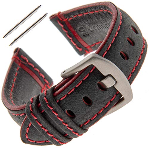 Gilden Unisex 20Mm Red Accent Stitch Charcoal Black Leather Watch Strap Pwl63-0520 #TOP22