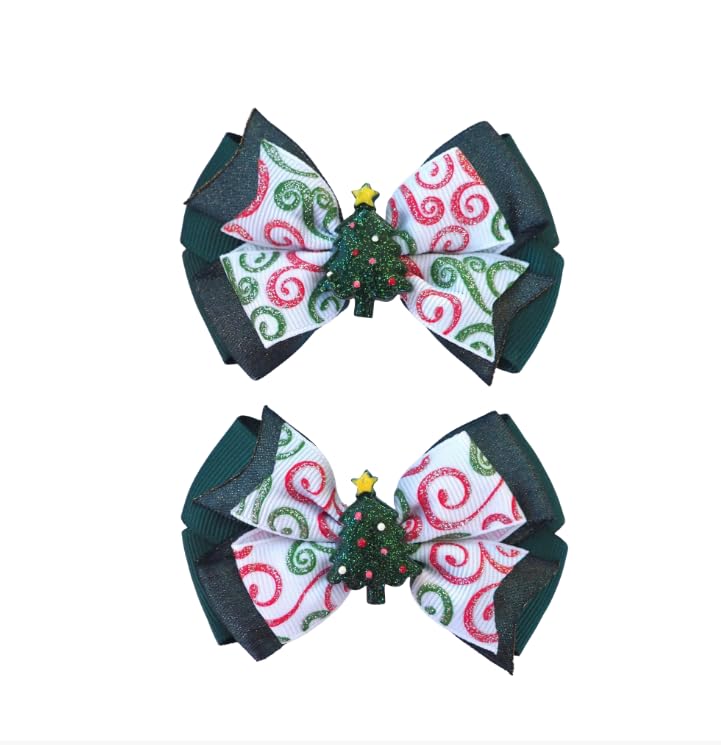 MeiMei Christmas Tree Hair Bow with Elastic Bobble, Handmade Girls Hair Tie, Grosgrain Ribbon Hair Accessories