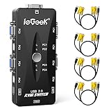  ieGeek KVM Umschalter 4 Port USB KVM Switch Box mit 4 VGA Kabel für PCs Maus Drucker und Tastatur - Schwarz