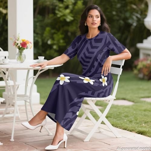 Image of Polynesian Dress for Women Short Sleeve High Waist Maxi Skirt | Puletasi dress, t-shirt and skirt two-piece, elastic material, lightweight, soft, plus size, luau party, wedding, clubwear