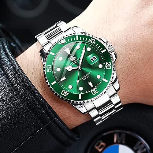 OLEVS Mens Watches, Silver Dress Gold Classic Luxury Big Large Face Waterproof Watches for Men, Analog Two Tone Stainless Steel Men Wrist Watch with Date Relojes De Hombre (Green/Blue/Black Dial2