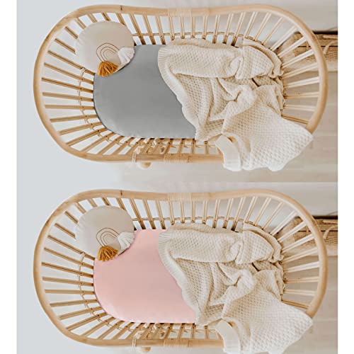Image of SiinvdaBZX 2 Pcs Satin Bassinet Sheets for Baby Hair, Light Grey & Pink | Silk-Like Soft Bassinet Fitted Sheets for Hourglass, Oval & Rectangular Bassinet Mattress