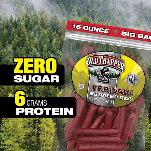 Image of Old Trapper Deli-Style Beef Sticks, Teriyaki Flavor, 15-Ounce Package, Great for On-the-Go Snacking, Six Grams of Protein and Less Than One Gram of Sugar per Serving (Pack of One) (Pack of 2)