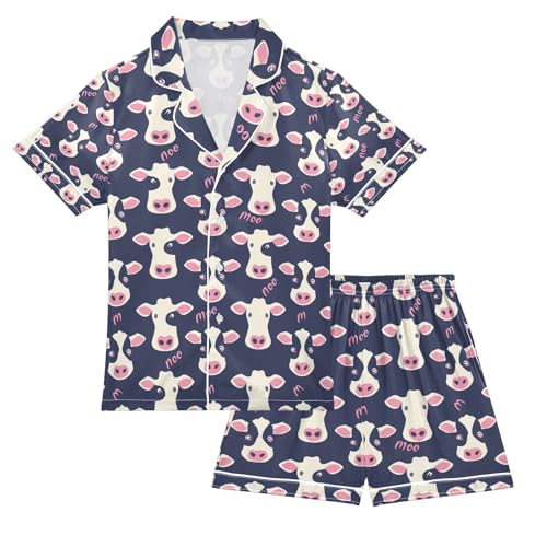 senya Cow Head A Satin Summer Pajama Sets Silk Short Sleeve Button Down Sleepwear