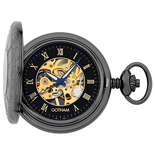 Gotham Men's Gunmetal 17 Jewel Half Hunter Mechanical Pocket Watch