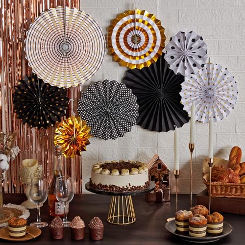 Image of Black and Gold Decorations, Hanging Honeycomb Paper Pompoms Fan for Graduation Birthday Wedding Photo Backdrop Prom Night New Years Black and Gold Party Decorations, Set of 8
